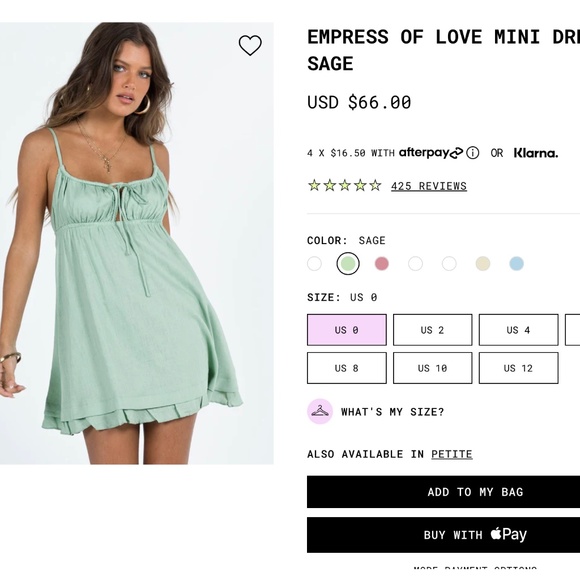 Princess Polly Empress of Love Mini Dress Sage Size NWT Small - Picture 2 of 4